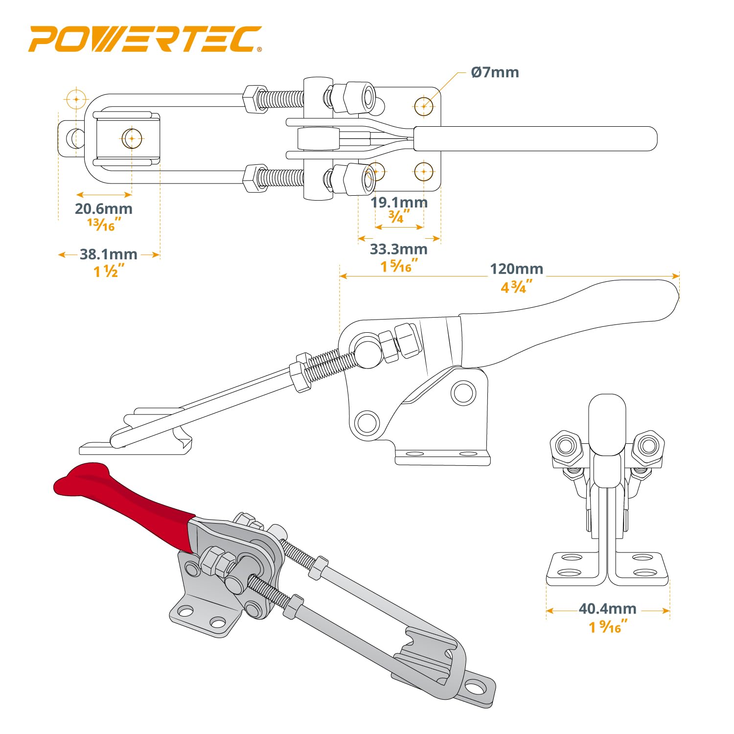 POWERTEC 20309 Vertical Latch Action Toggle Clamp, 1000 lbs Capacity, Number 334, Red - Image 2