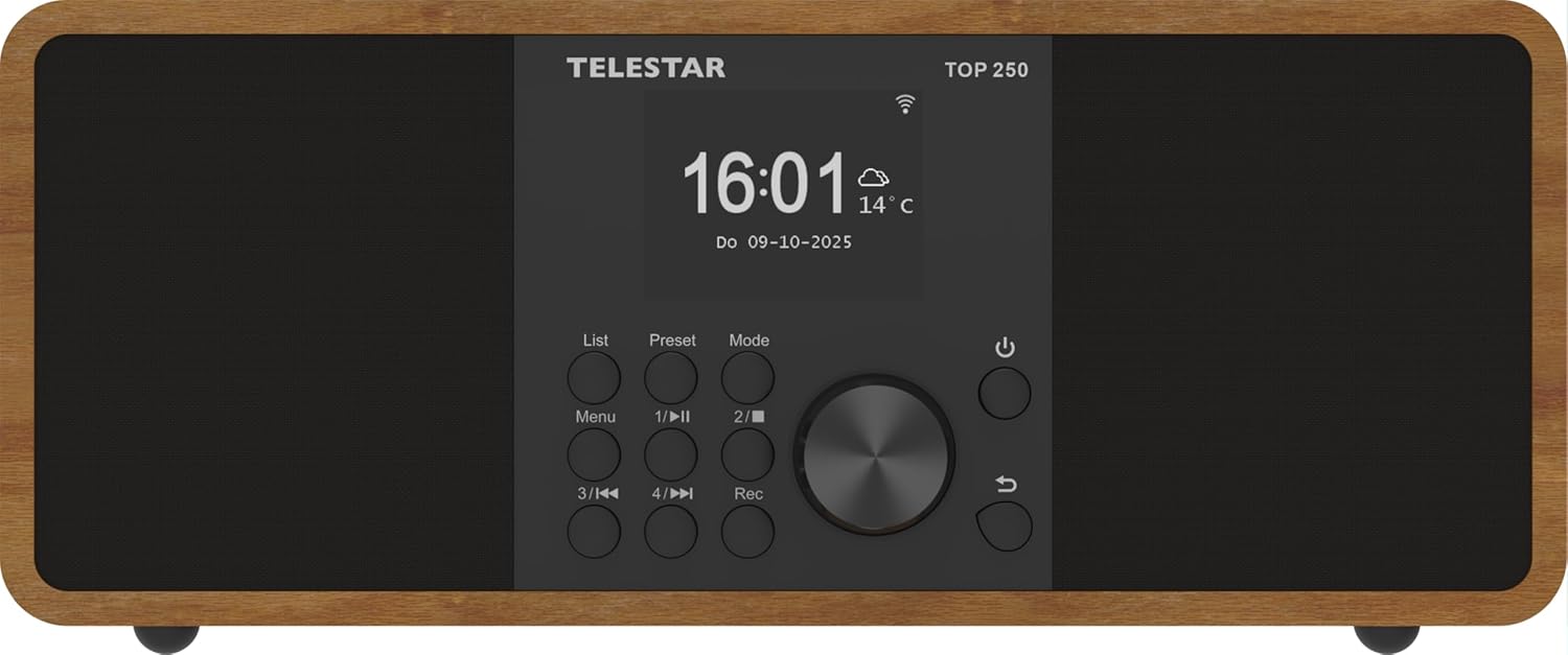 Frente view of the TELESTAR TOP 250 radio, showing the display, control knob, and buttons.