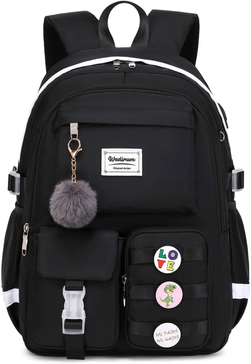 Women Casual Backpack Set Girl School Bookbag Set Cute Laptop Ruaksack Black - Image 2