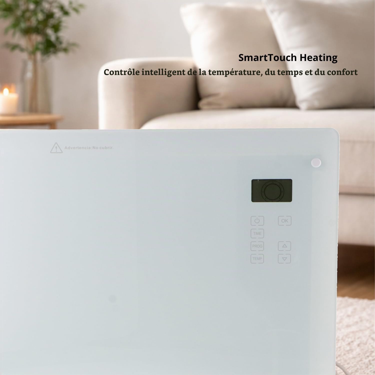 M mimotec – Radiateur convecteur électrique en verre blanc Glass 2000W, silencieux 0 dB, avec écran LED, minuterie et verrouillage enfant, IP24 et anti-surchauffe, installation au sol ou murale.