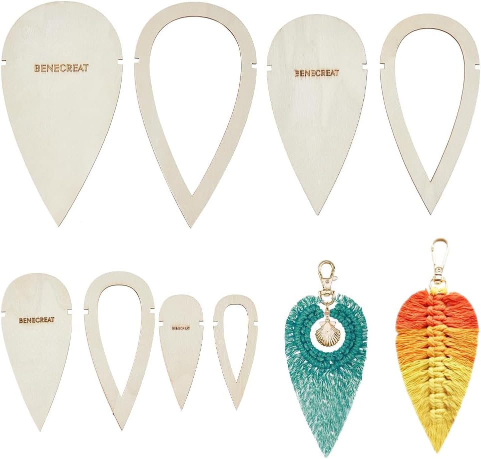 BENECREAT 8pc Wood Macrame Cutting Template - Teardrop & Feather Macrame Molds for DIY Wall Hanging & Feather Tassel Craft