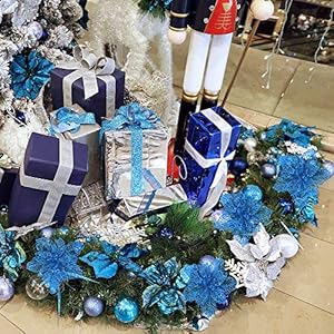 24 Pcs Christmas Blue Glitter Mesh Holly Leaf Artificial Poinsettia Flowers Stems Tree Ornaments 6.6" W for Blue Christmas Tree Wreath Garland Gift Floral Winter Wedding Holiday Decoration 24 Pcs Christmas Blue Glitter Mesh Holly Leaf Artificial Poinsettia Flowers Stems Tree Ornaments 66 W for Blue Christmas Tree Wreath Garland Gift Floral Winter Wedding Holiday Decoration