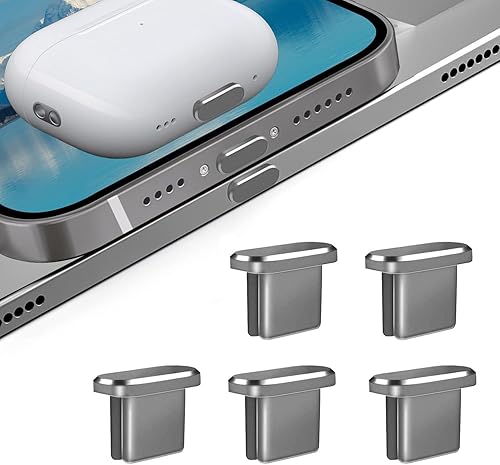 Diseñado para iPhone 15 Pro Max Plus USB-C antipolvo, tapones de metal USB C de carga para puerto de carga (paquete de 5, gris)