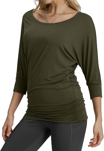 Match Womens Solid 3/4 Sleeve Crewneck T-Shirts Tops with Side Shirring