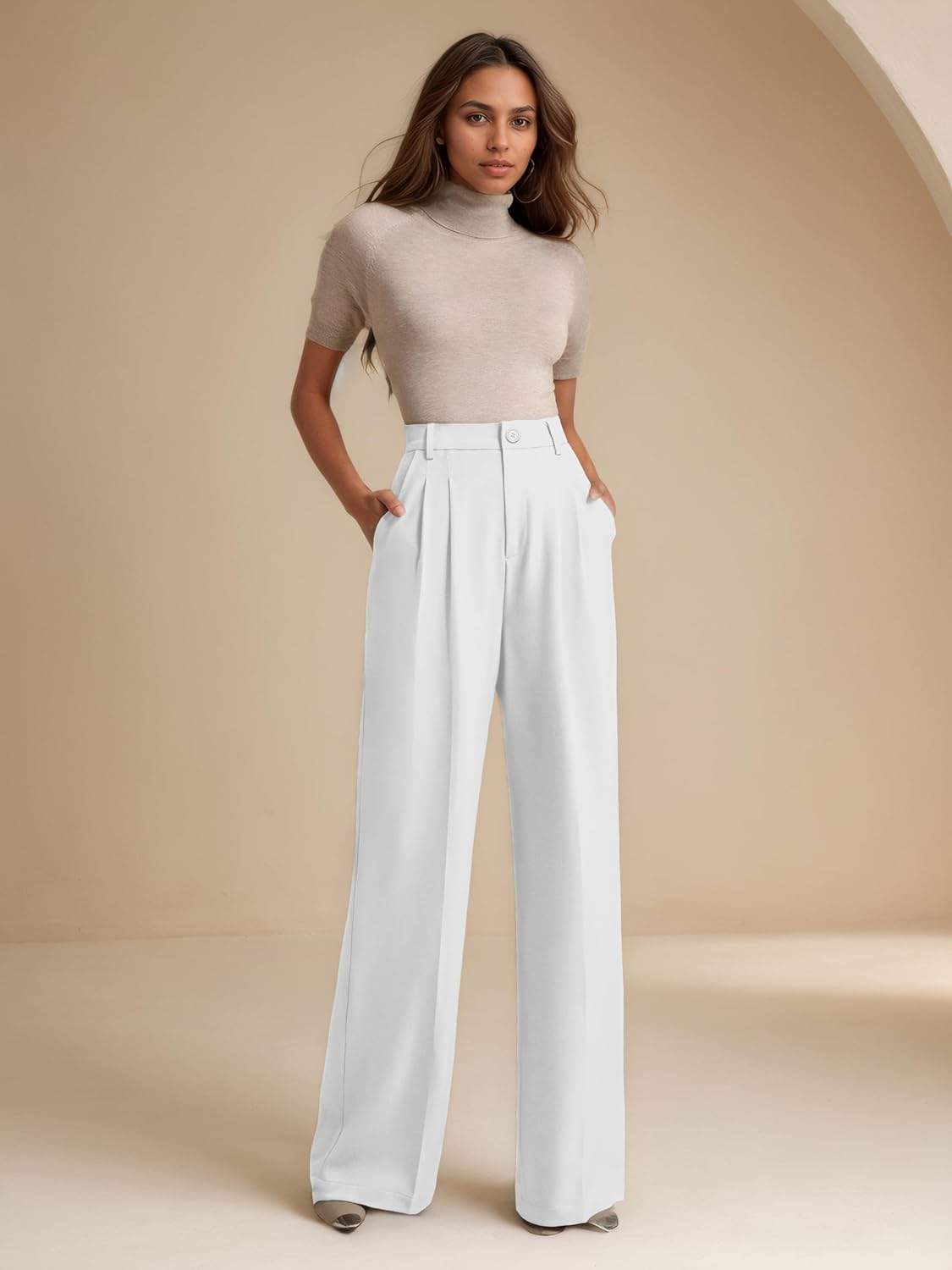 ELLEVEN Women's Casual Wide Leg Dress-Pants, High Elastic Waisted in The Back Business Flowy Trousers with Pockets - Image 6
