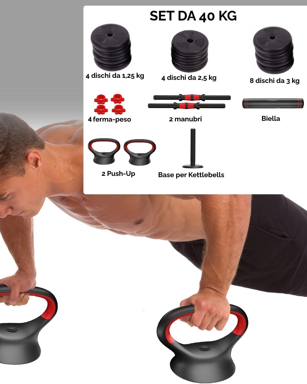 Set Manubri Regolabili Convertibili in Bilanciere 6 in 1 Kettlebell Supporto Flessioni VARI PESI DISPONIBILI 10-40 kg