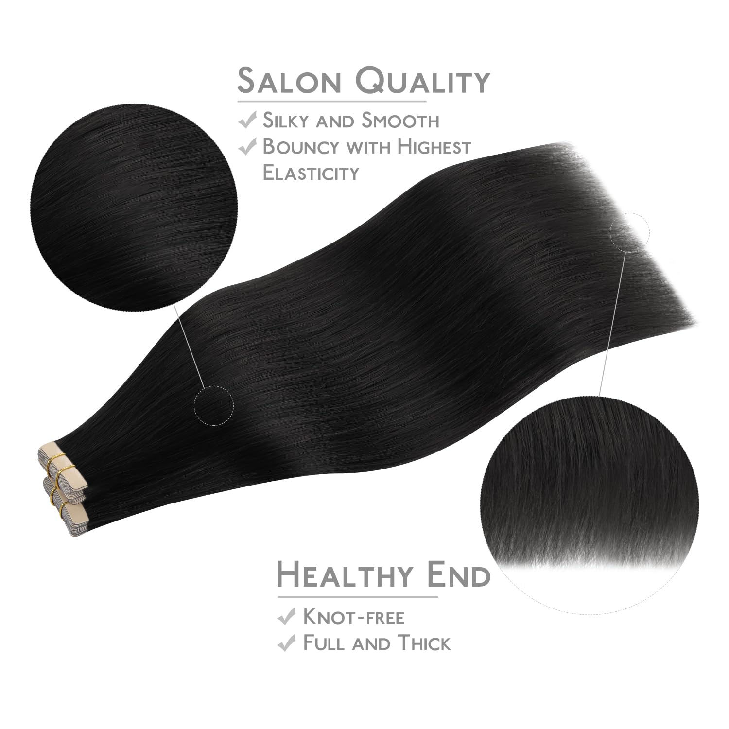 WENNALIFE Tape in Hair Extensions Human Hair, 22inch 40pcs 98 Jet Black Real Human Hair Tape Extensions - 4