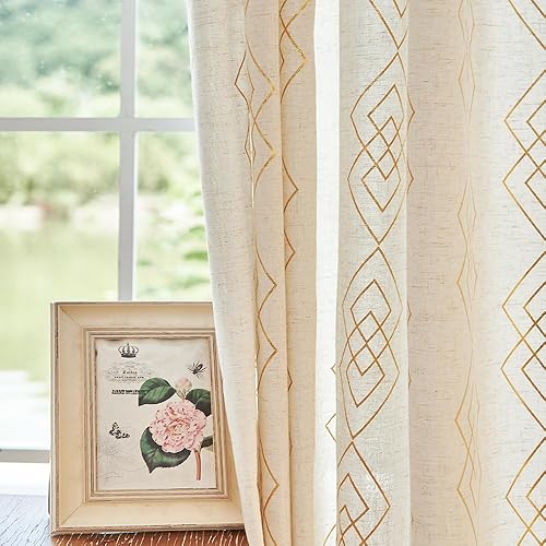 ugoutry Panel texturizado de lino dorado para dormitorio, cortinas bohemias geométricas metálicas para sala de estar, 84 pulgadas de largo, cortinas
