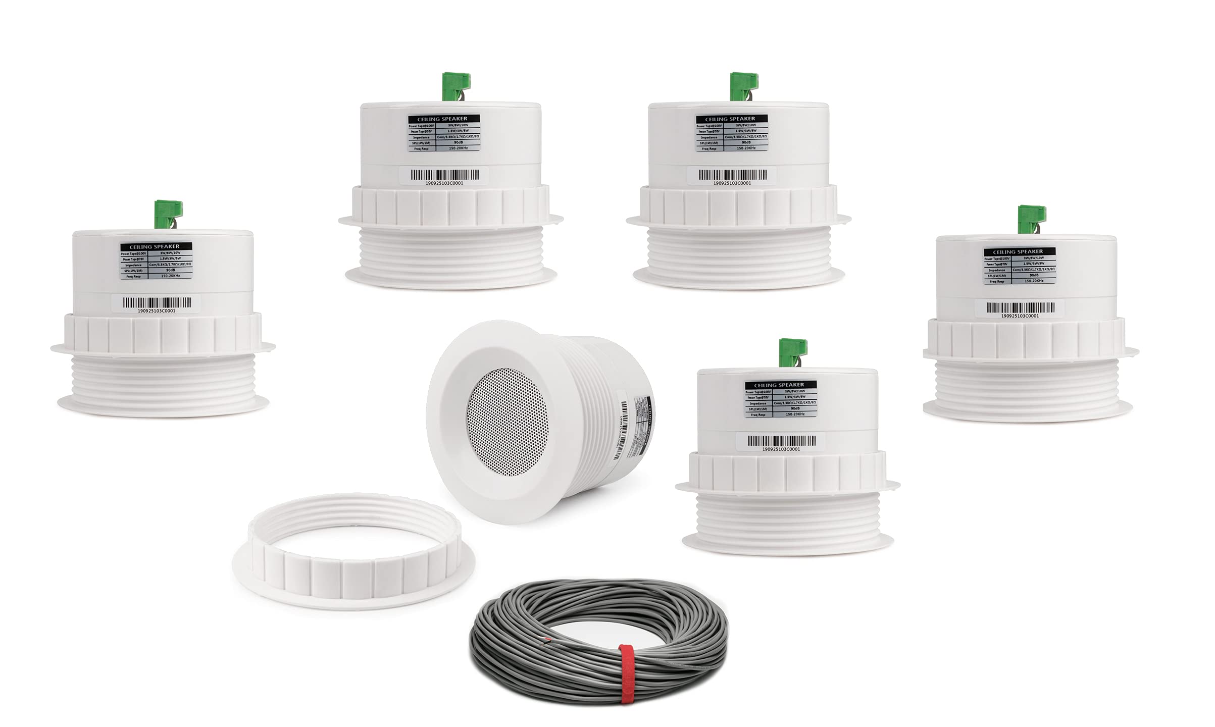 Pure Resonance Audio 3 Inch 70 Volt Ceiling Speaker Bundle with Installation Wire - Contractor Pack (6 Speakers)