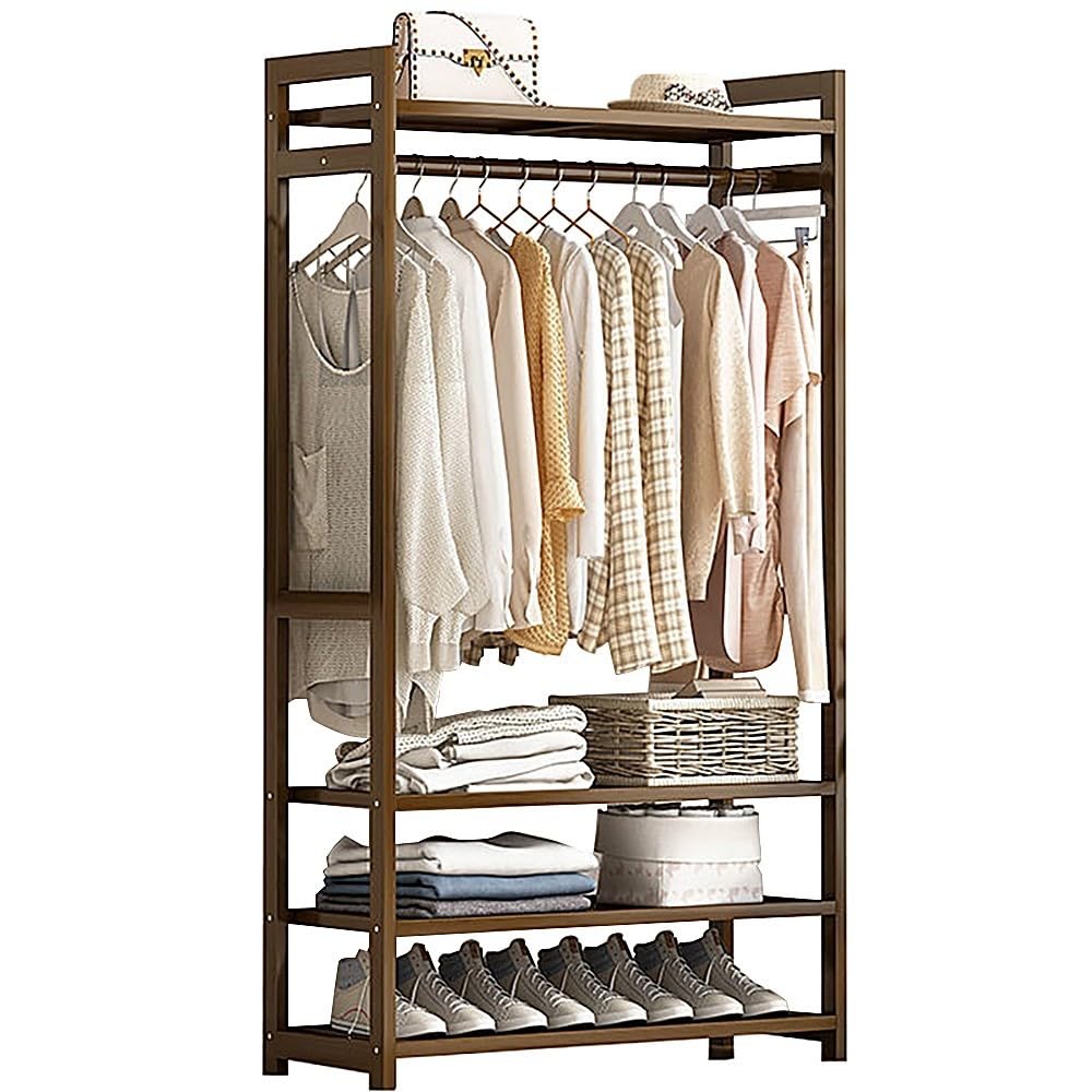 XDLEDMKIZ Bamboo Coat Rack with Storage Shelves and Garment Hanger Freestanding Clothes Stand for Bedroom and Entryway