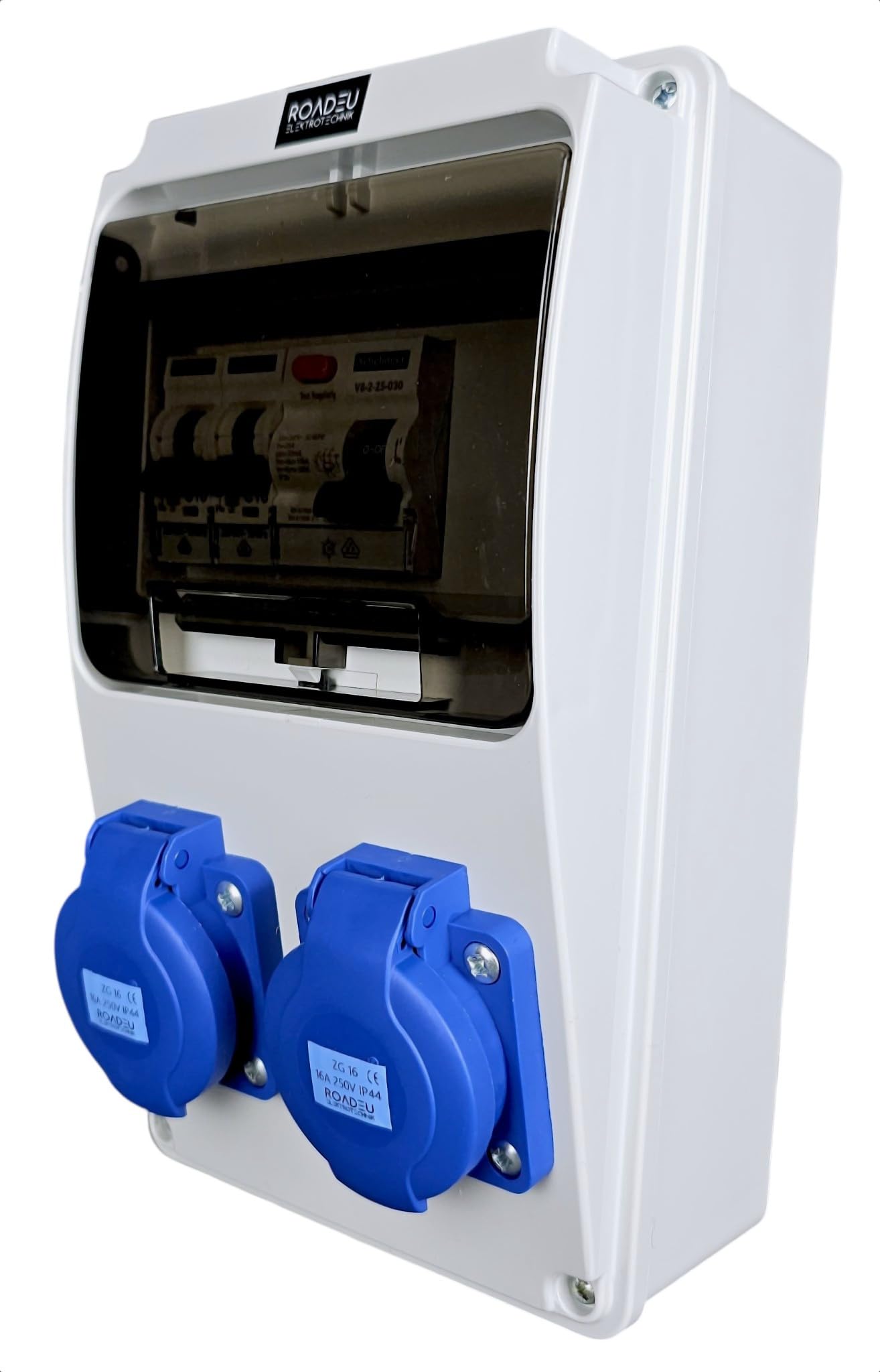 RoadEu - Stromverteiler 230V. 2x Schuko Steckdose mit Sicherungsautomat 16A. Baustromverteiler 16A mit FI Schalter. Steckdosen integriert mit Sicherungskasten. IP54 Wandverteiler - Aussen Wasserdicht