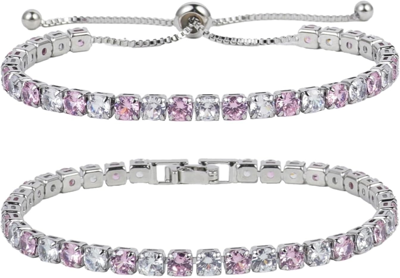 COLORFUL BLING 2Pcs Tennis Chain Bracelet Cubic Zirconia Beaded Adjustable Slider Bracelet Set for Women Anniversary Party Jewelry Birthday Mother's Day Gift