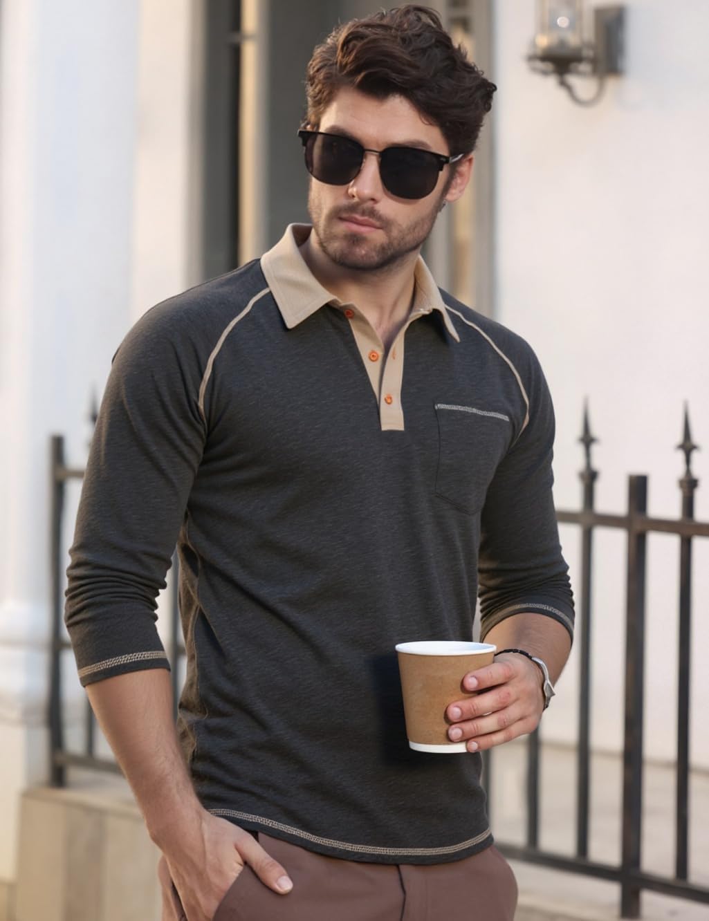 Mens Long Sleeve Polo Shirts with Pocket Fashion Casual Classic Collared Golf Shirt - Image 5