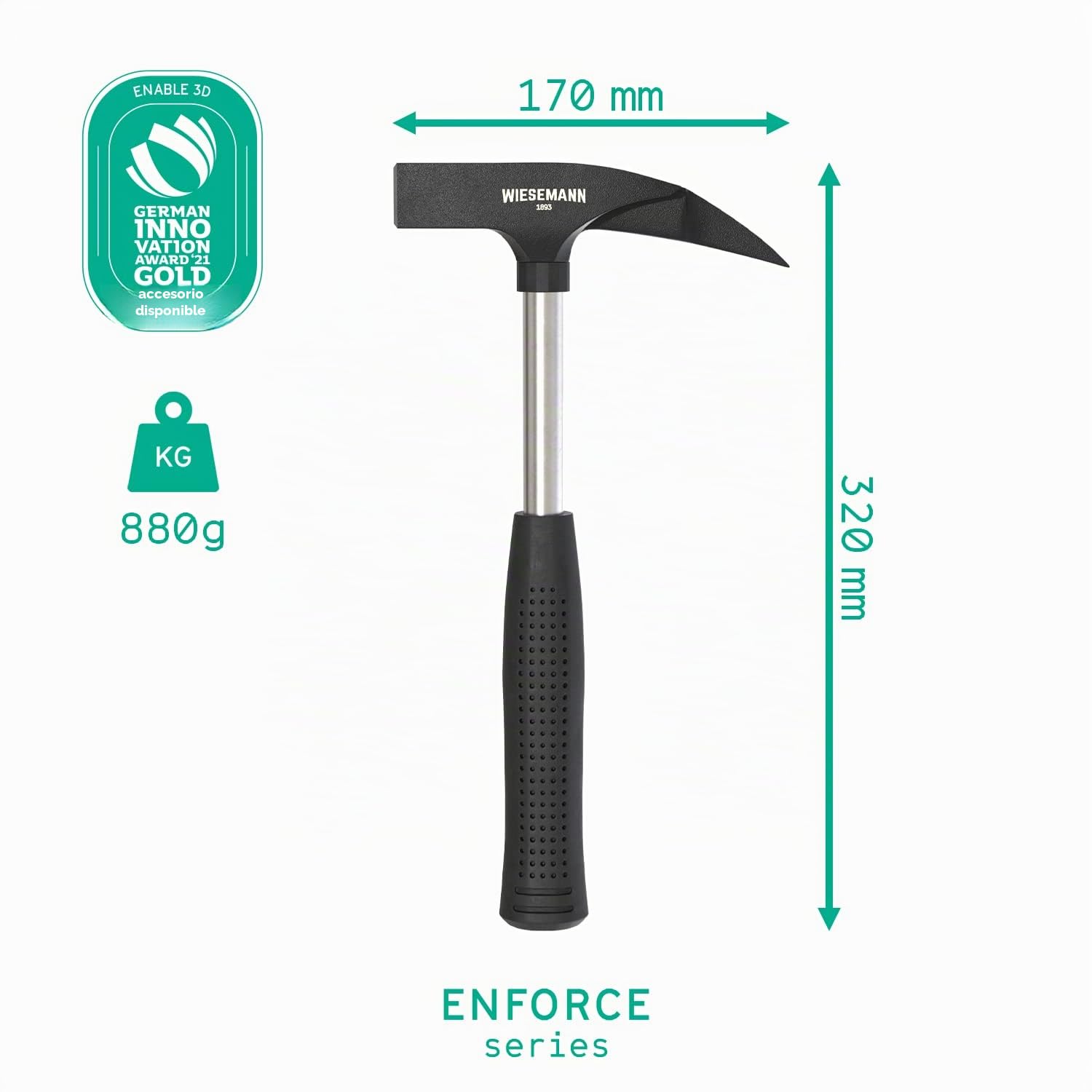 Martillo sacaclavos de 600 g de acero especial con imán de la ENFORCE Serie de WIESEMANN 1893 | Empuñadura rugosa de acero | 80577