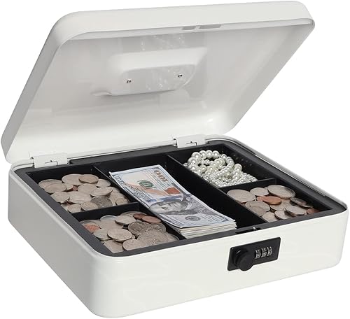 Miniatura 9 de Caja de dinero grande con bandeja de dinero y cerradura, caja de dinero de metal para efectivo, caja de seguridad de 11.8 x 9.5 x 3.54 pulgadas,