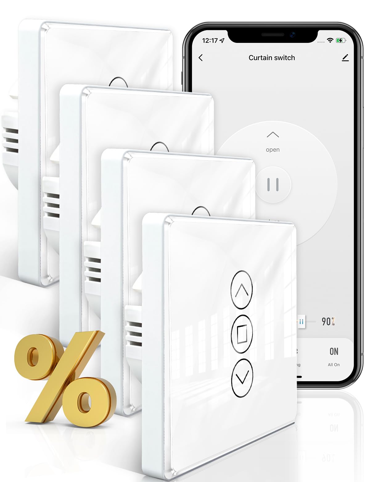 MOES Interruptor de Persianas Inteligente WiFi 2.5D, Control de Persianas con Ajuste de Porcentajes, Temporizador y Control por Voz, Compatible con Alexa y Google Home, Requiere Cable Neutro 4 PCS