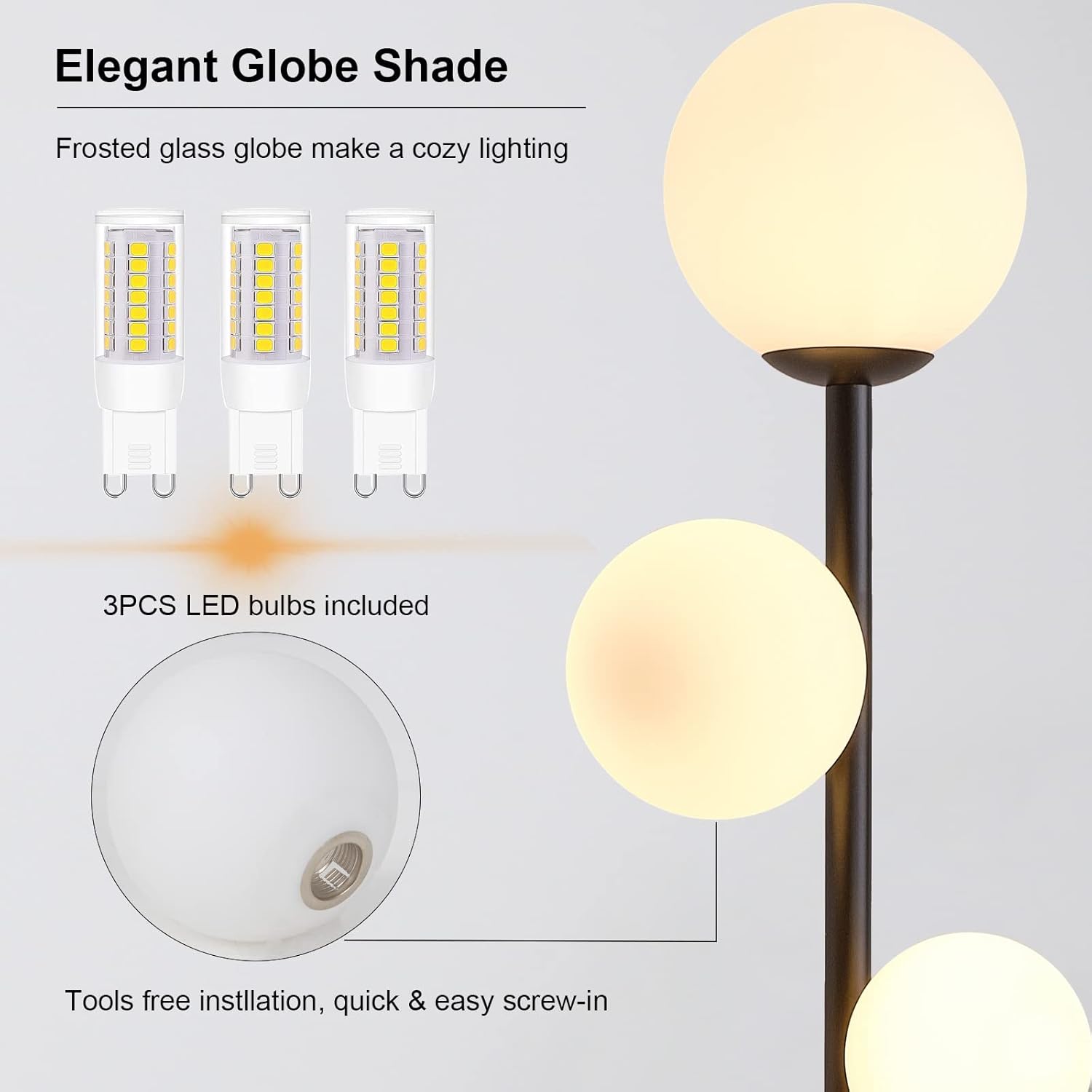 Fiqevs 3 Globe Mid Century Modern Floor Lamp, 3 x 800LM LED Bulbs Included, Matt Black Standing Lamp with Sphere Frosted Glass Shade, Vintage Retro Tall Pole Lamp for Living Room, Bedroom Office