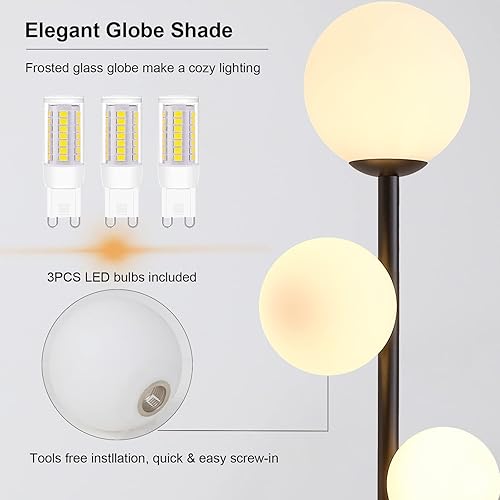 Miniatura 3 de Fiqevs Lámpara de pie moderna de mediados de siglo con 3 globos, 3 bombillas LED de 800 lm incluidas, lámpara de pie negro mate con pantalla de