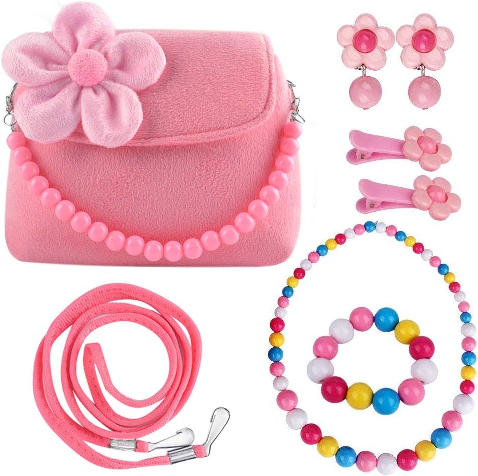 Oisee Little Girls Purse , Cute Kids Flower Handbag Set , Plush Bag with Necklace Bracelet Earring and Hair Clip๏ผSweet Girls Make Up Accessory-Pink