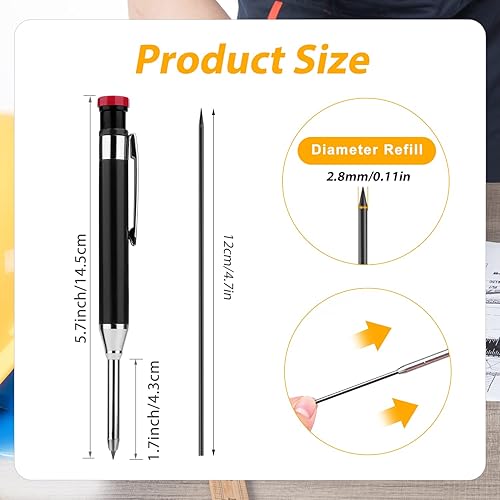 Miniatura 2 de KINBOM Lápices de construcción con sacapuntas lápiz marcador para carpintero lápiz mecánico sólido de metal con 12 recargas agujero profundo de