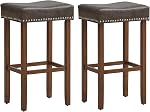 Giantex Bar Ensemble de tabourets 2, 29.5" Tabourets de cuisine en forme de selle, PU Tabourets en cuir avec repose-pieds, Tabouret en bois de caoutchouc pour l'île de la cuisine, Salle à manger, Home Bar