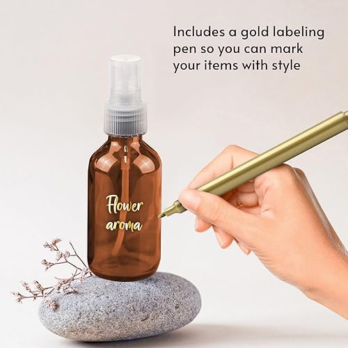 Miniatura 4 de CULINAIRE Botellas de vidrio de 2 onzas con marcador de bolígrafo dorado, botella pequeña de spray de niebla fina, recargable, vacías, para spray