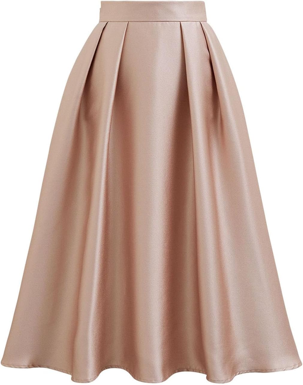 CHICWISH Women Sleek Pleated Midi Skirt A-Line Elastic High Waist Solid Flared Skirt with Side Pockets Coral