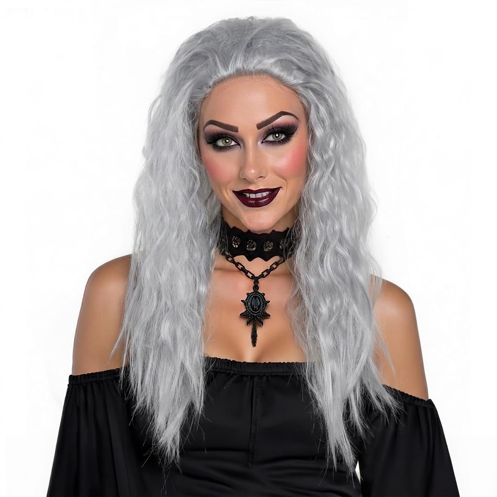 JEGERMIG Witch Grey Wig Long Curly,Old Lady Halloween Cosplay Costume Hair Accessory for Women