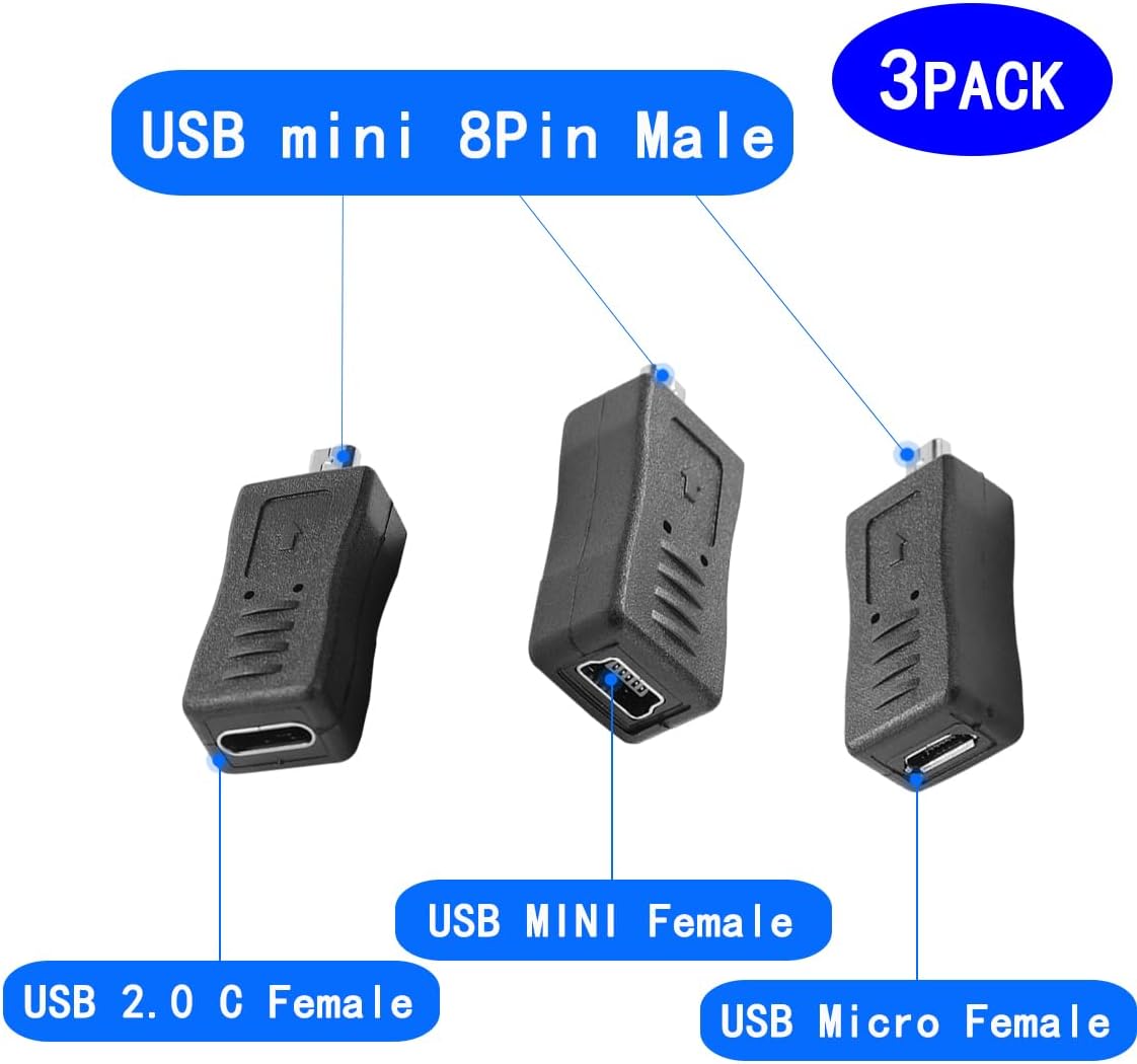 USB Mini 8-Pin Male to USB-C/Mini/Micro Female Adapter Set, 3 Pack, Black, 9mm