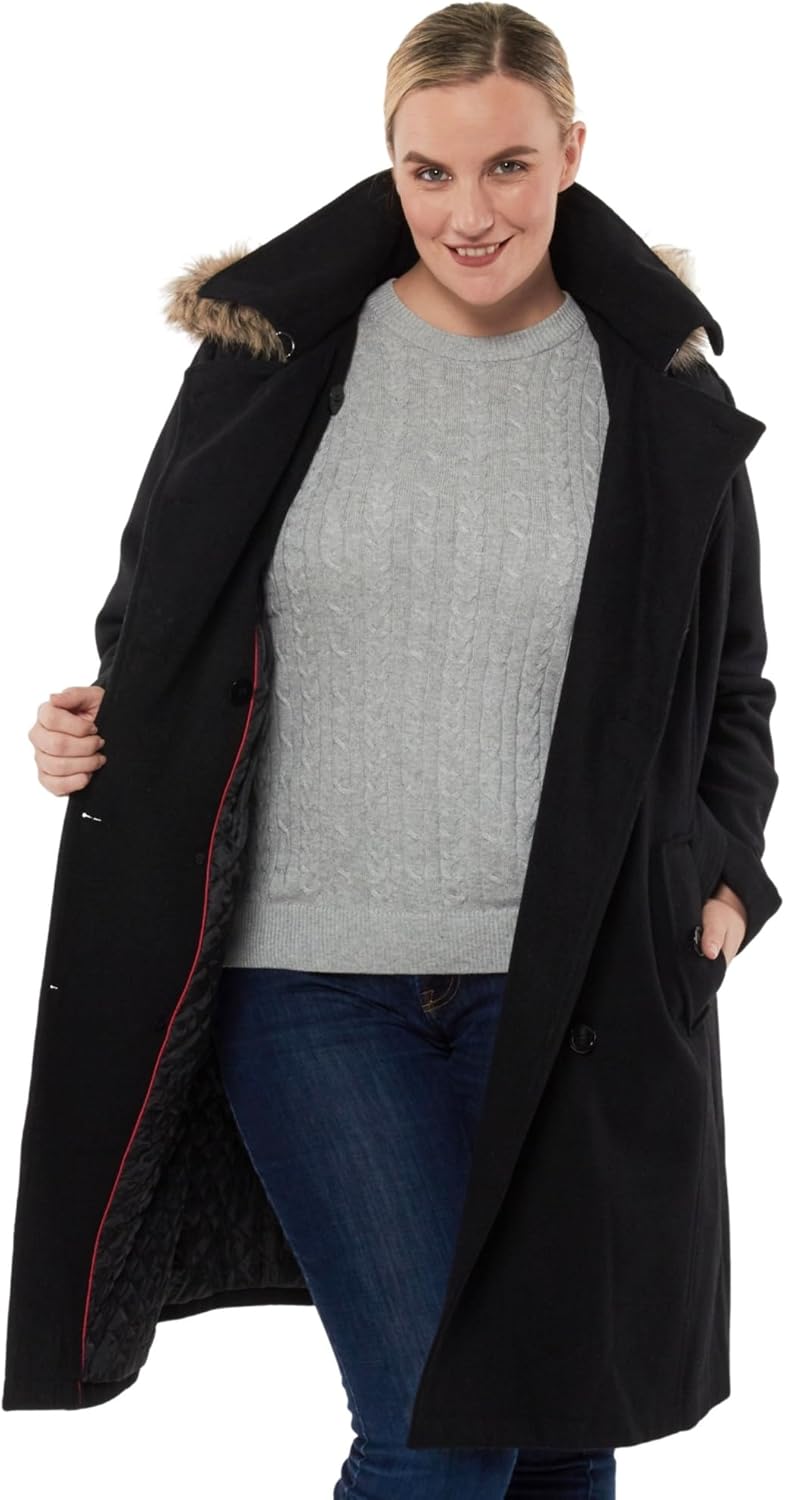 Alpine Swiss Women’s Plus Size Wool Blend Long Trench Coat with Removable Fur Hood and Belt, Sizes 2X 3X