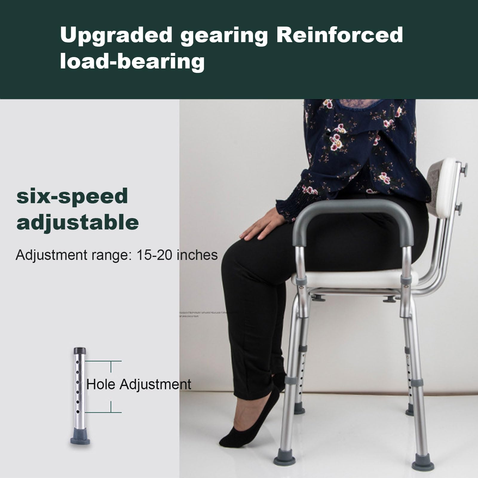 Silla de ducha con reposabrazos acolchados y respaldo, asiento de ducha antideslizante para bañera, silla de ducha ajustable en altura para capacidad de 380 libras, silla de ducha para bañera interior