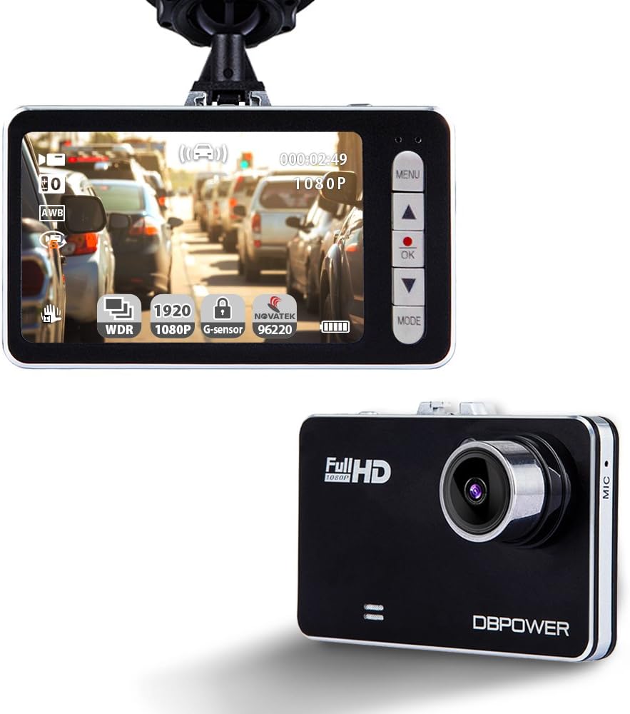 DBPOWER 2.7, Car Dash Cam Video Recorder DVR Camcorder Car Camera with Night Vision 120 ° 1080P HD G-Sensor capteur-g, 4xZoom, Support for Micro SD Cards 32GB (Not Included)