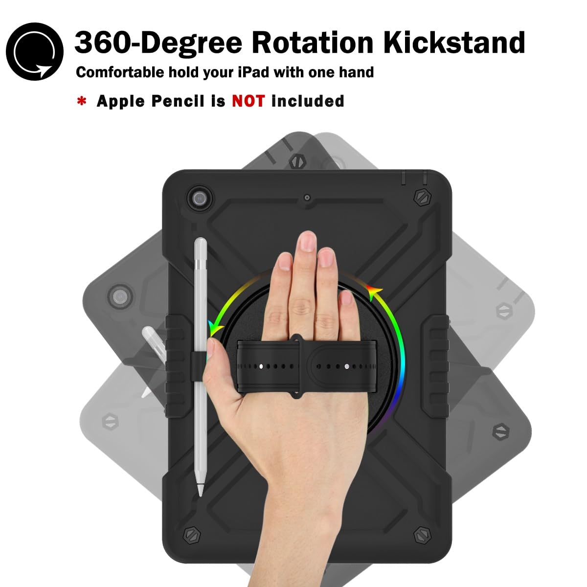 Custodia protettiva per tablet PC compatibile con iPad 10.2 (2021/2020/2019 Custodia antiurto a tre strati, custodia protettiva in PC+silicone, supporto girevole a 360 gradi, cinturino da polso e