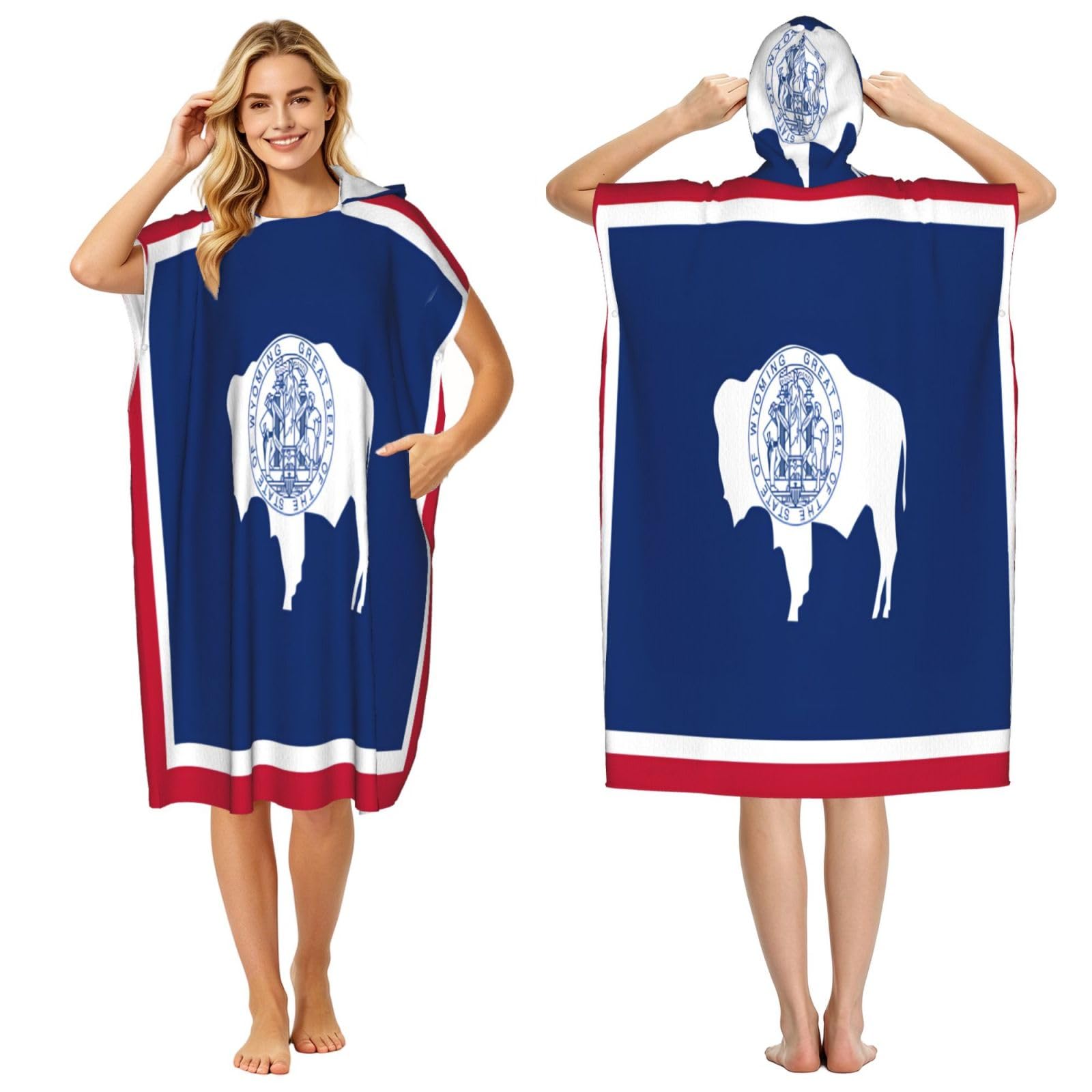 KLGRTJHK Wyoming State Flag Adult Hooded Beach Poncho Towel 43"X35"