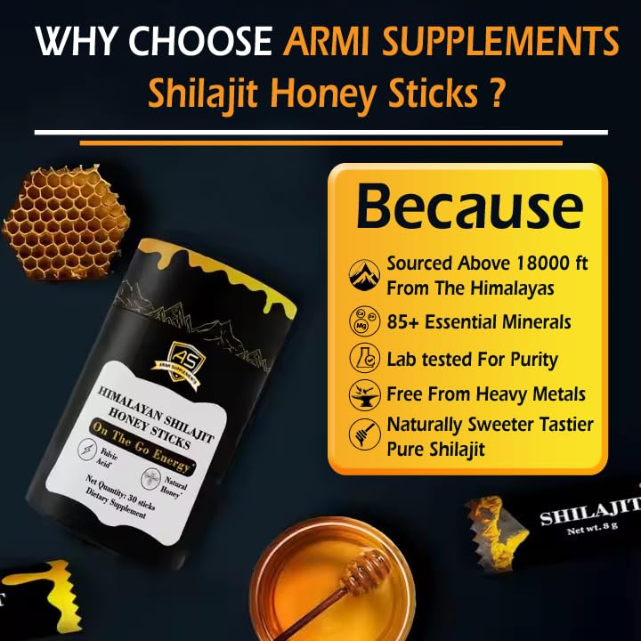 Miniatura 7 de Palitos de miel Shilajit - Impulso de energía natural y apoyo inmunológico  Suplemento preentrenamiento con resina Shilajit del Himalaya, miel