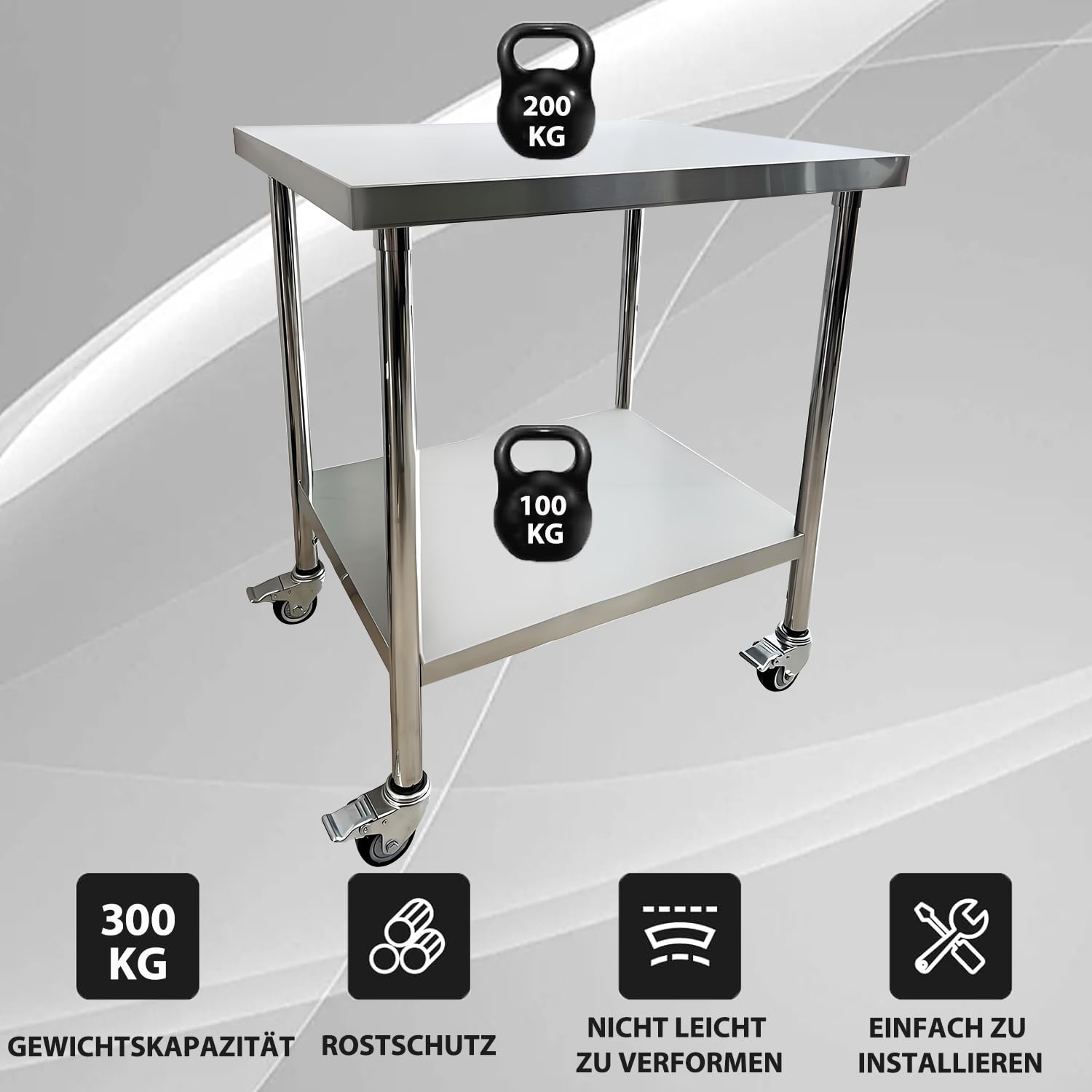 Mesa de trabajo de cocina de acero inoxidable, 76 x 60 cm, 4 ruedas giratorias con frenos, hasta 300 kg, mesa de cocina profesional de acero inoxidable, para restaurante, cocina, bar, hotel