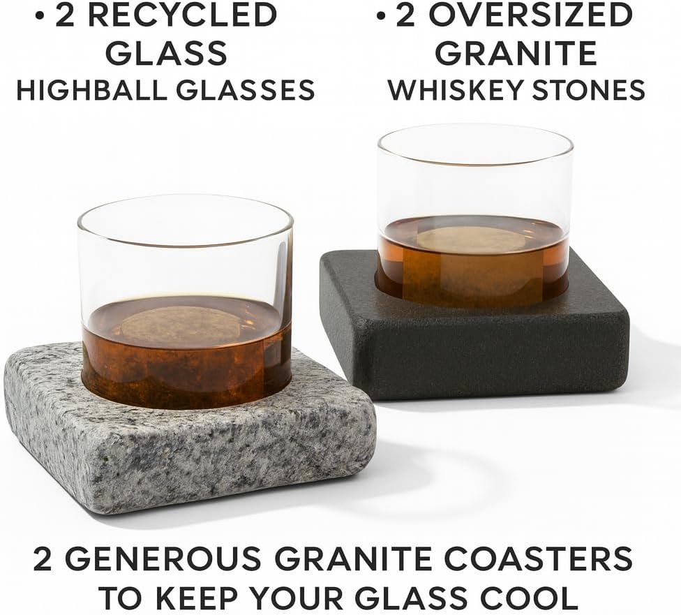 Cool Coaster 6 Piece Set- Includes: Two 4" Square Granite Aluminum-Lined Chilling Coasters, Two 8 oz Glass Tumblers & Two(2) "On the Rocks" Solid Granite Whisky Stones by Sea Stones