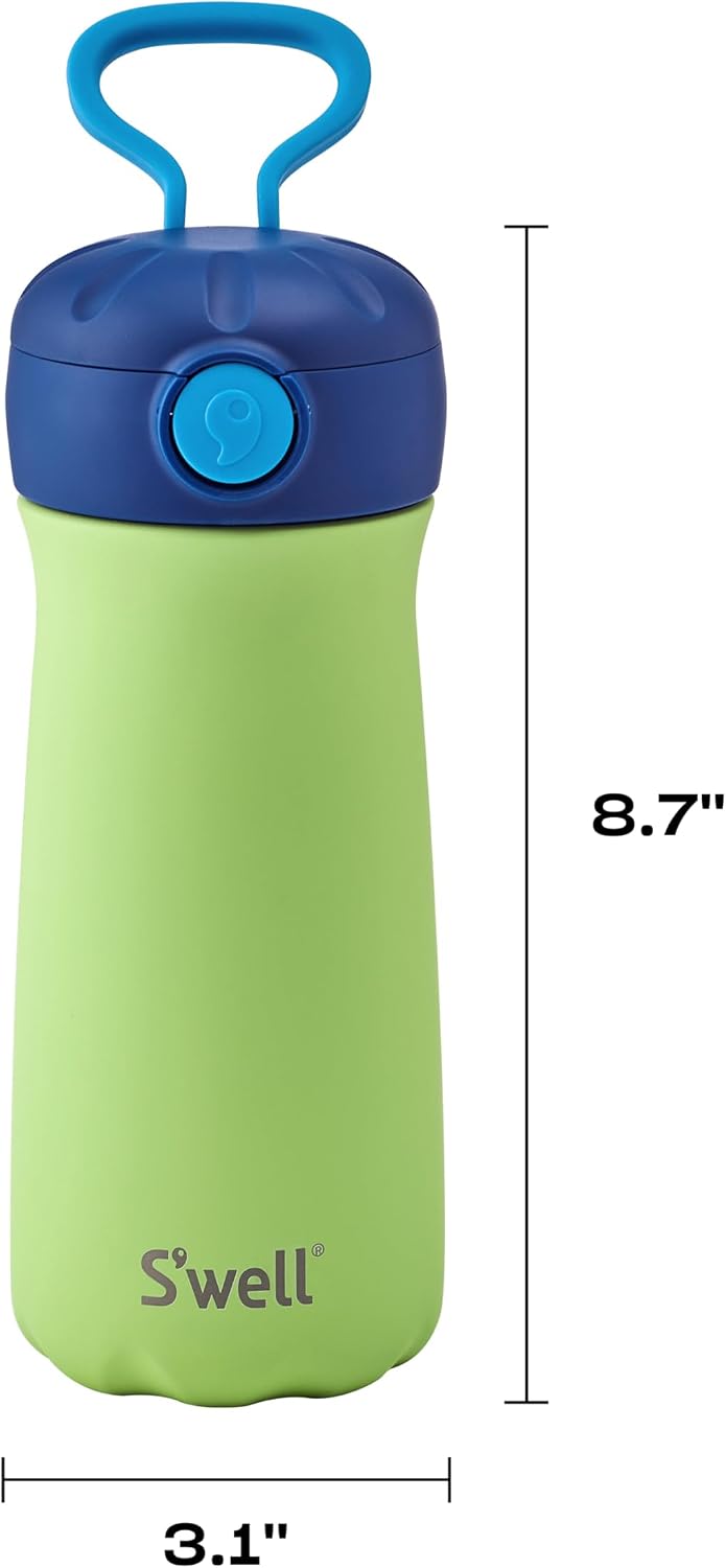 S'well Stainless Steel Kids Pop Top Traveler, 14oz, Aurora Green, Triple Layered Vacuum Insulated Container Keeps Drinks Cold for 24 Hours, Leakproof, BPA Free, Easy Carrying On The Go