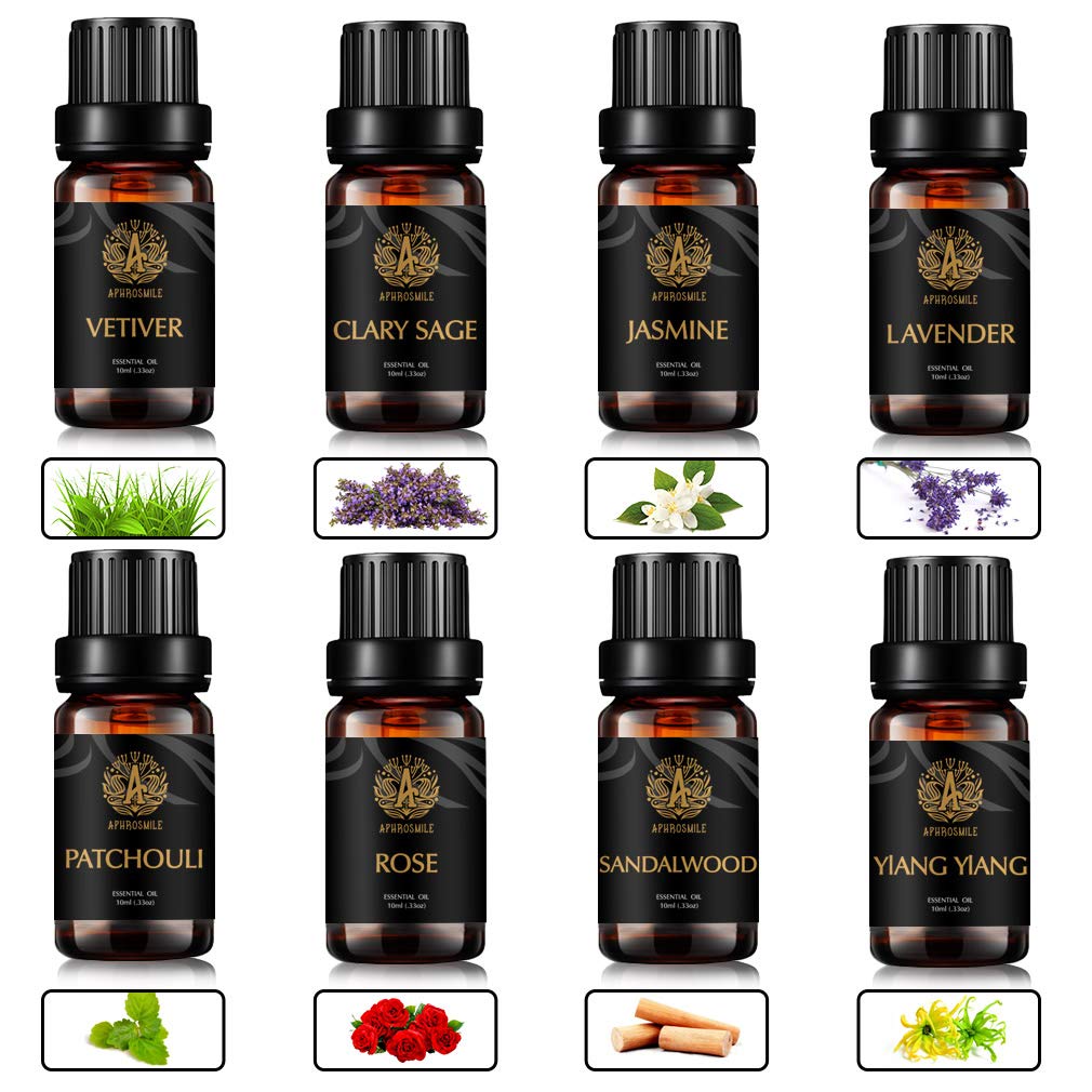 Aromatherapie Vetiver ätherisches Öl Set für Diffusor, 8x10ml 100% reine Clary Salbei ätherisches Öl Kit für Hause - Jasmin, Lavendel, Patchouli, Rose, Sandelholz, Ylang Ylang ätherisches Öl set