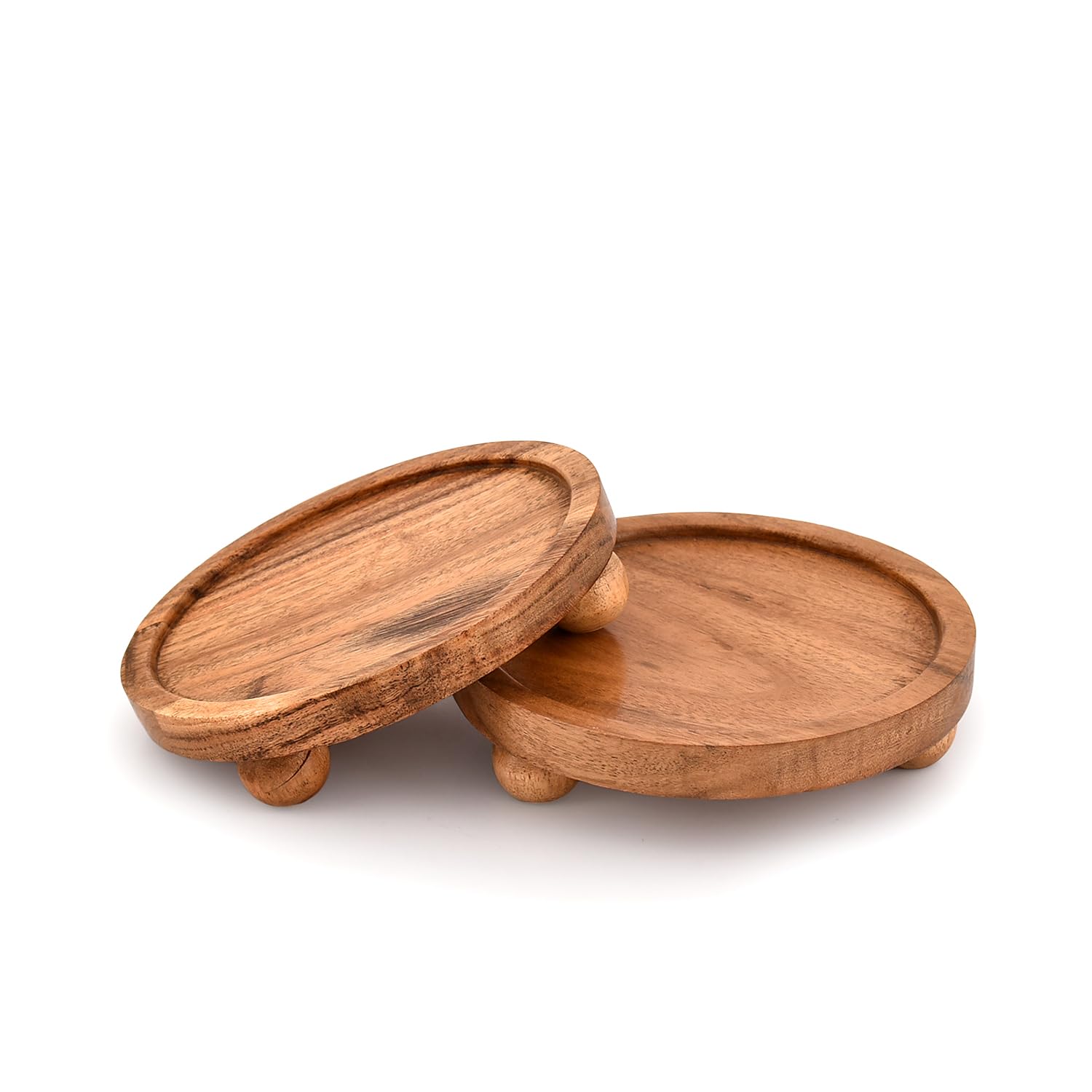Mahasu Display Stand Acacia Wood Round Wooden Display Stand Tray for Display Farmhouse for Kitchen or Bathroom Counter (6" X 6" X 1.5") (Set of 2)