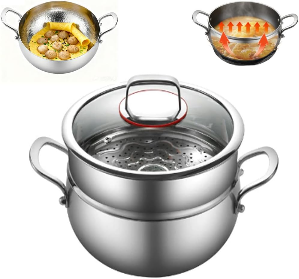 Titanium Hammered Soup Pot, Nonstick Soup Pot, Large Cooking Pot with Lid, Heavy Duty Induction Cooking Pot, Sturdy & Double Handle, Dishwasher Safe,with Steamer,9.44 in