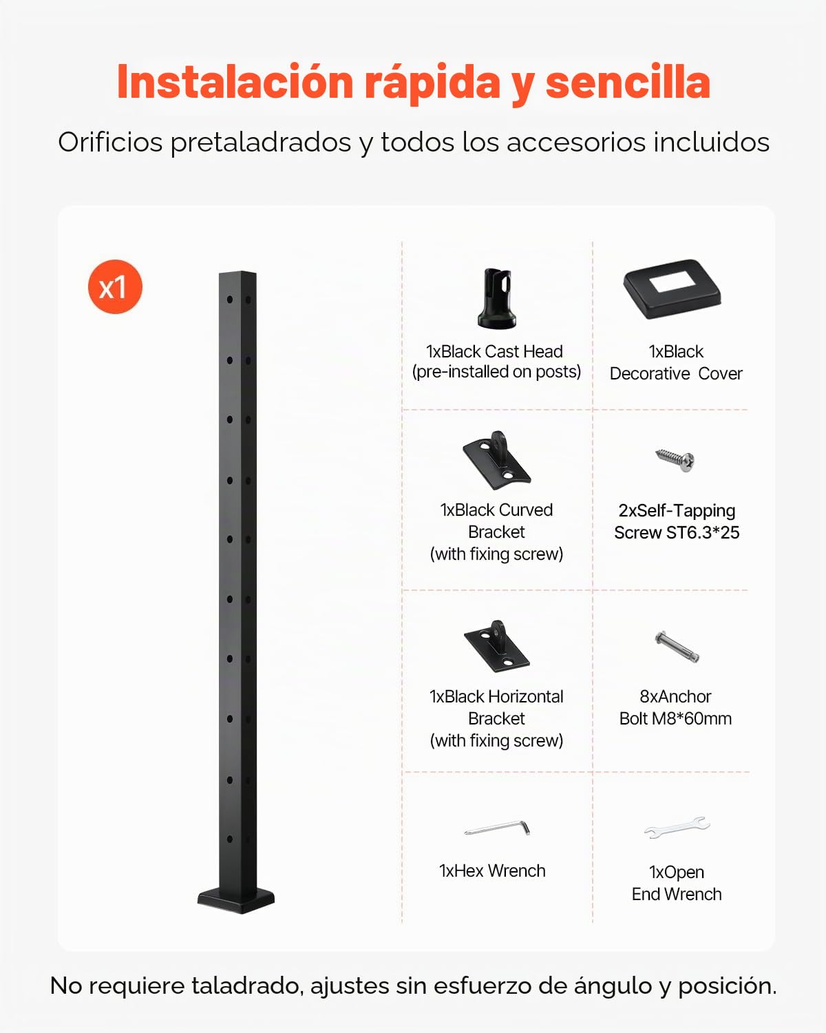 VEVOR Poste de Barandilla de Cable, 1 Pieza Poste de Barandilla 91,4 x 2,5 x 5 cm en Forma de L, Poste de Acero Inoxidable SUS304 con Soporte Horizontal y Curvo, Negro, 1JZLGZXHS914IVCFL001V0