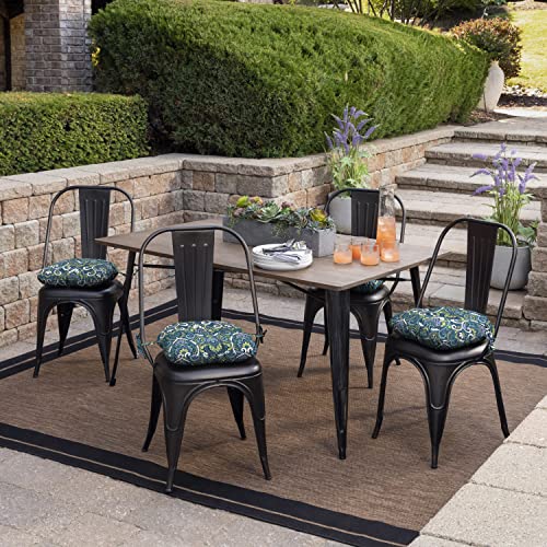Image of Arden Outdoor Tufted Bistro Seat Cushion, Set of 4, 14.5 in x 15 in, Rain-Proof, Fade Resistant Sapphire Aurora Blue Damask