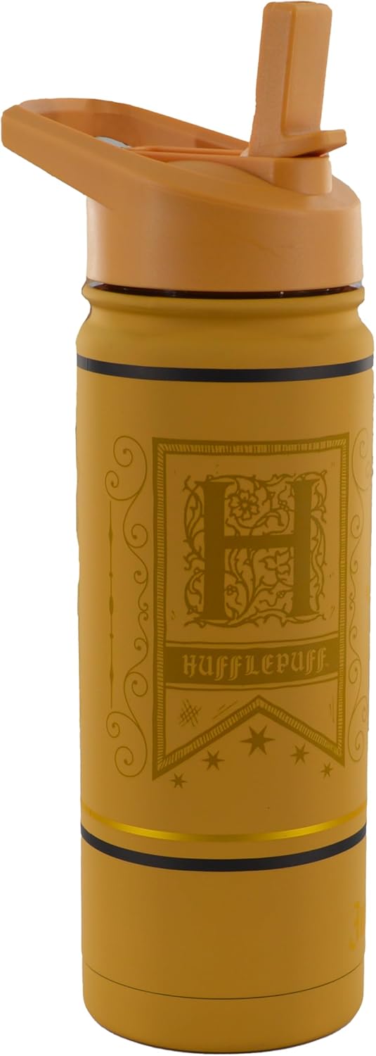 Licensed Harry Potter Hufflepuff 'Double Stainless Steel 304' Water Bottle with Embossed Logo in Yellow & Just and Loyal in Silver, Capacity 530ml (18oz), Storage 16 Hours hot and 12 Hours Cold