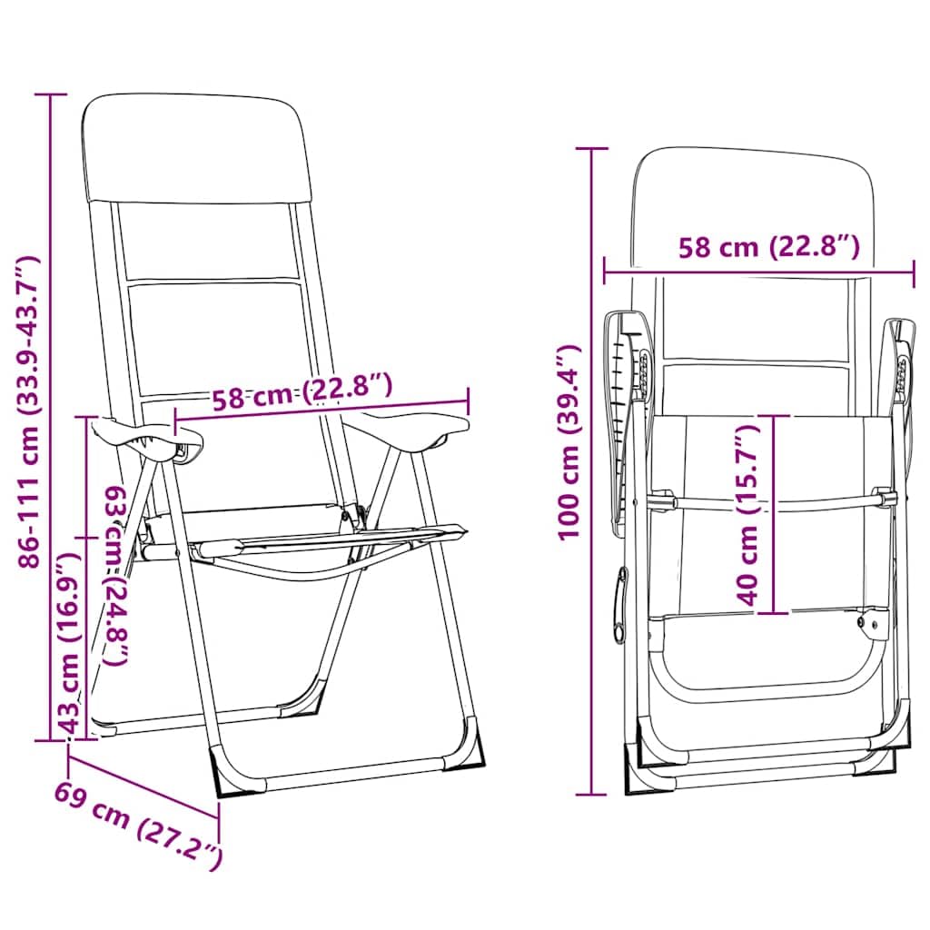 Campingstuhl 2 STK Grau Aluminium, 58 x 69 x 111 cm, klappbar, Ultraleicht und wetterfest, ideal für Camping, Garten, Strand, Wandern, Festival und Outdoor Aktivitäten