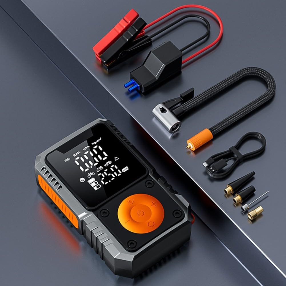 Avviatore portatile per auto, con compressore d'aria, booster da 12 V e kit di gonfiaggio pneumatici, 7200 mAh (4 x 1500 mAh)