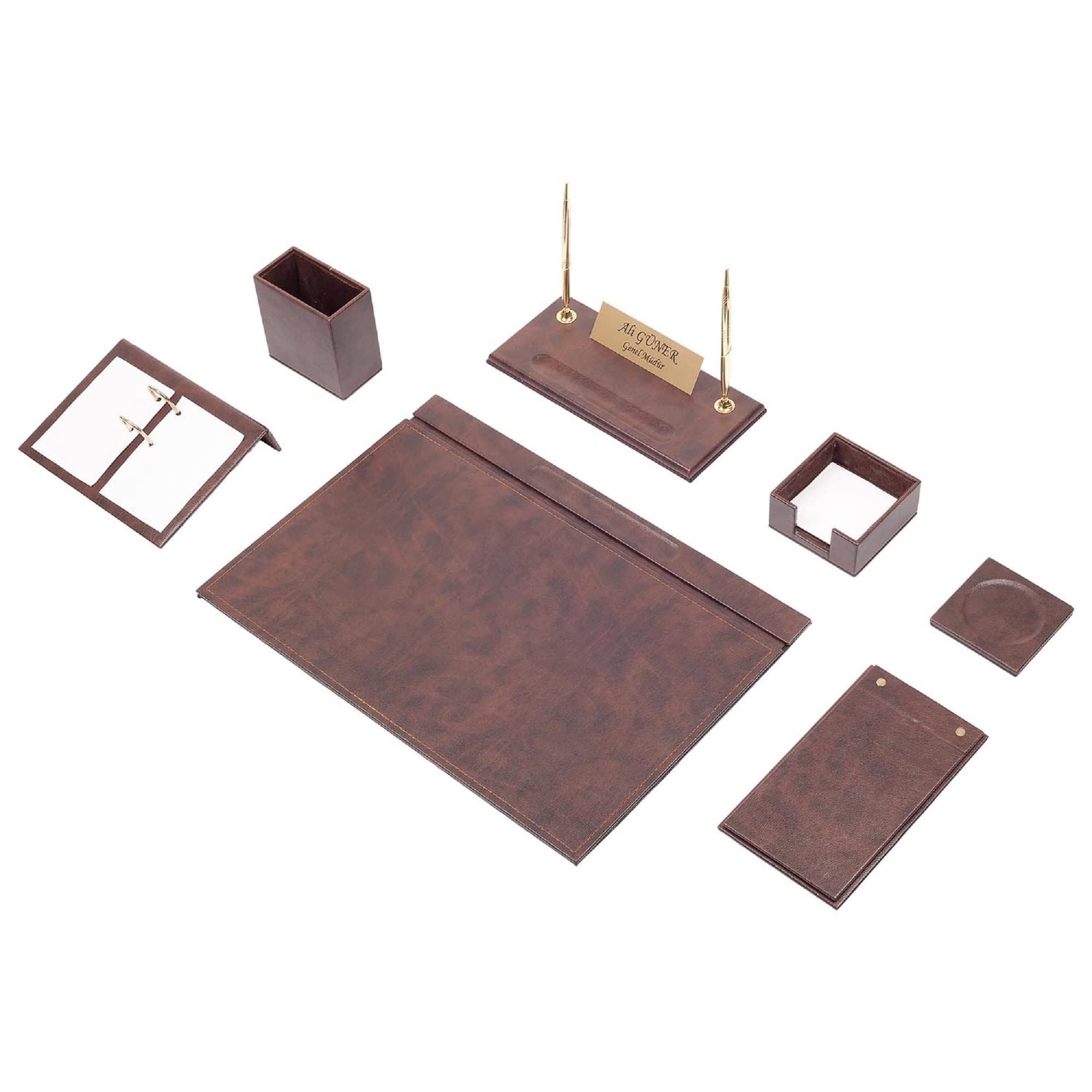 Leather Desk Set - Desk Pad - Note Paper Holder -Pen Holder - Leather Coaster -Desk Accessories-Desk Organizer - Office Desk Accessories - Desktop Storage (Brown)