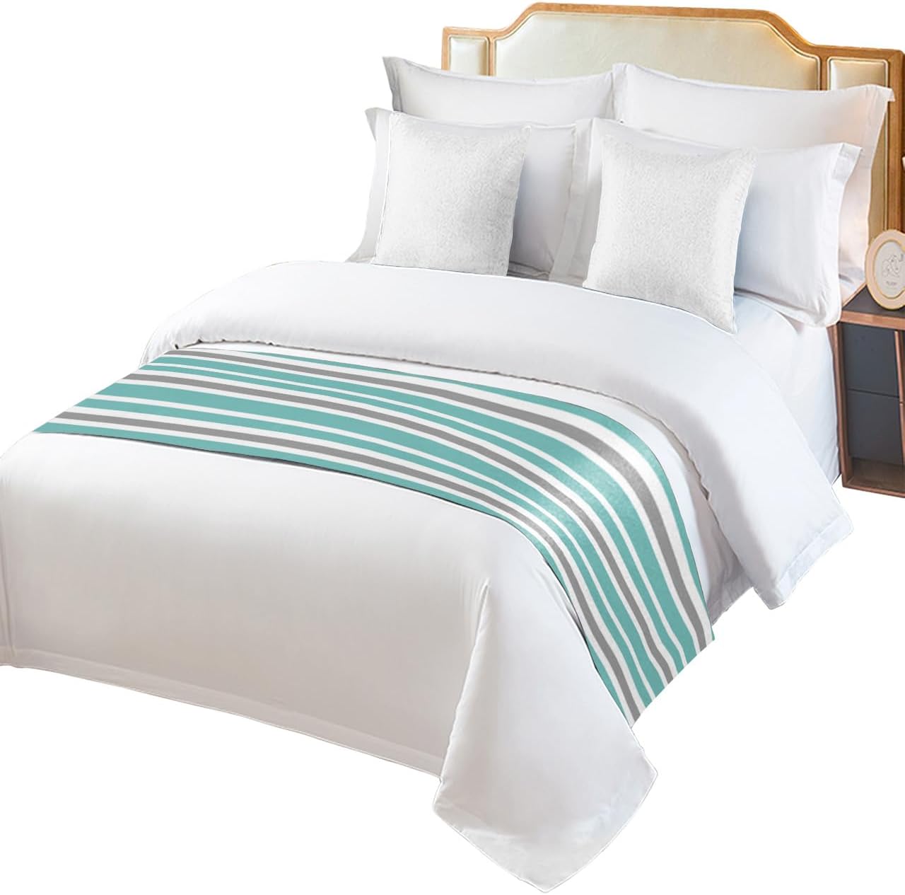Teamery Bed Runners & Scarves, Cyan and Gray Stripes Bed Runner, Bed Scarf Protector Decorative Accent Bedding Scarf for Hotels Homes and Guestrooms, 71 x 20 inches