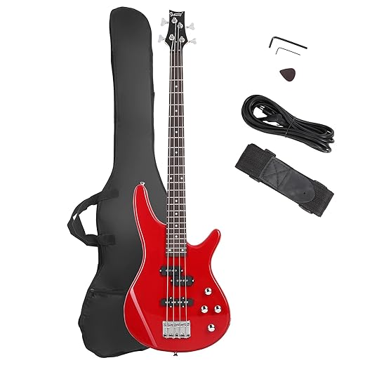 GLARRY Electric Bass Guitar Full Size 4 String Exquisite Stylish Bass with Power Line, Bag and Wrench Tool (Red)