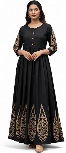 Black Anarkali Dress for Women, Golden Foil Print Ethnic Gown, 3/4 Sleeve Round Neck, Floor Length Kurti